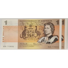 AUSTRALIA 1966 . ONE 1 DOLLAR BANKNOTES . COOMBS/WILSON . CONSECUTIVE PAIR . FIRST PREFIX AAA